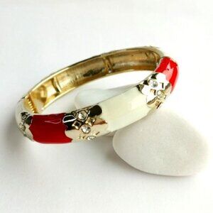 NEW Red and white enamel with crystals  gold tone bangle bracelet